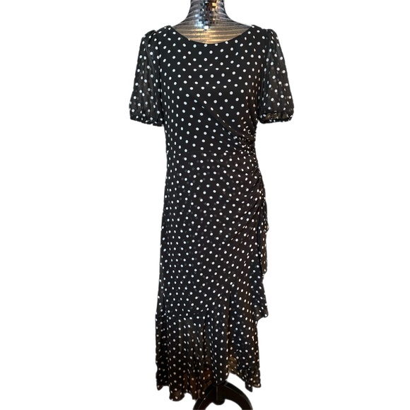 Julia Jordan Black White Polka Dot Chiffon Side Ruched Ruffle Dress Lined Sz 6 - Picture 1 of 15